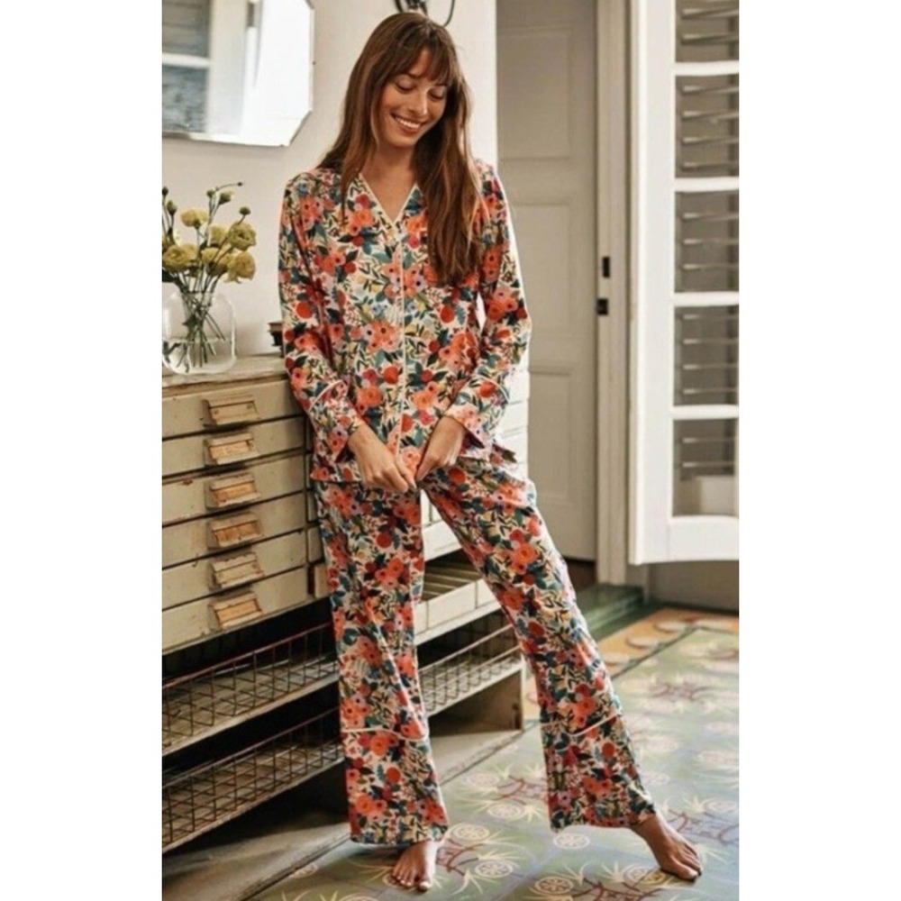 Summersalt Pajama Set Women Medium Multicolor Floral Satin Long Sleeve Button Up
